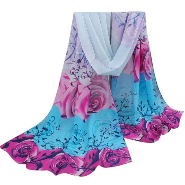 Scarf Women Beautiful Rose Print Pattern Chiffon Shawl Wrap Women Ladies Scarves Female Echarpe Hiver Femme SM6