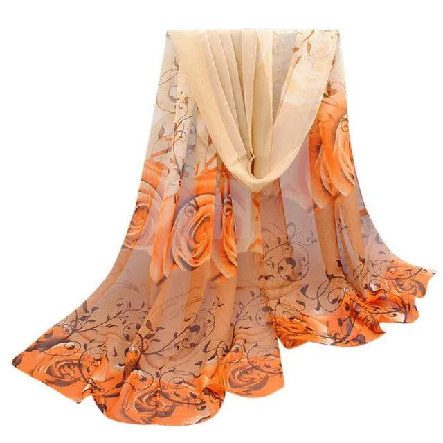 Scarf Women Beautiful Rose Print Pattern Chiffon Shawl Wrap Women Ladies Scarves Female Echarpe Hiver Femme SM6