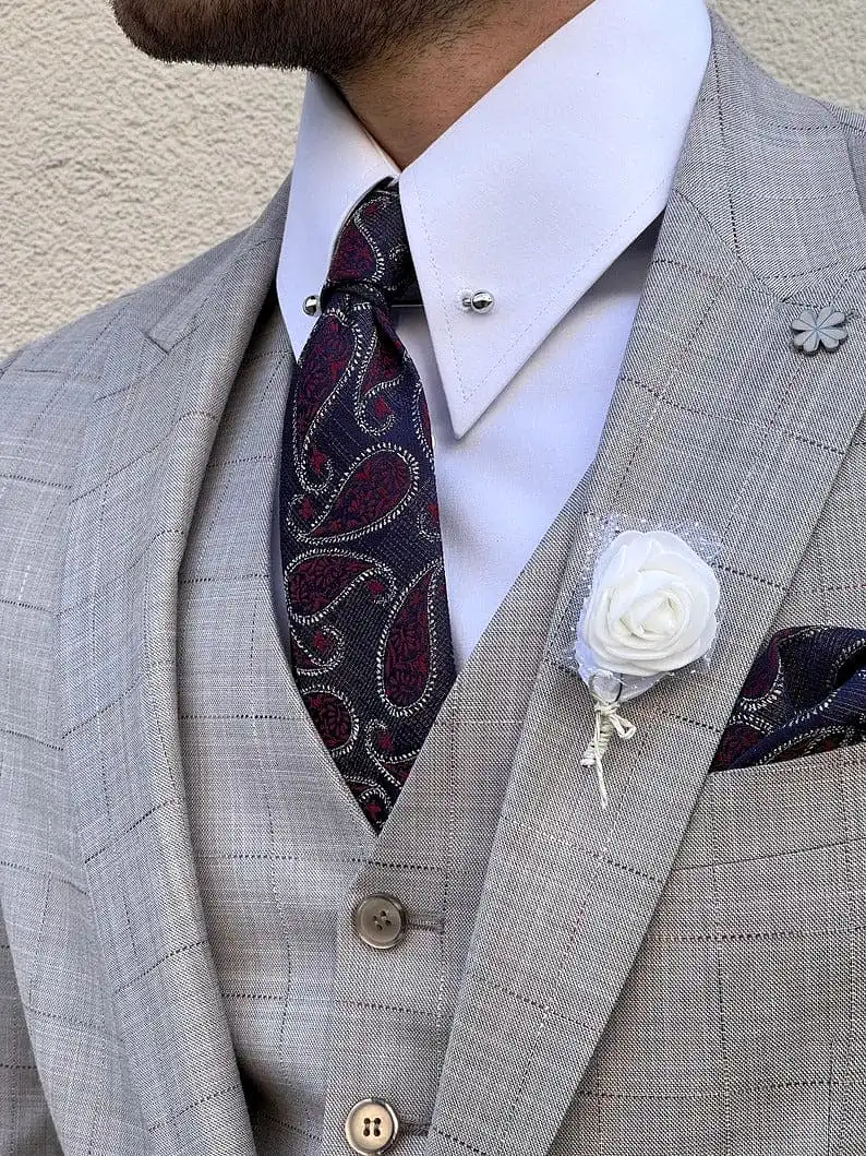 Slim Fit Plaid Wool Gray Suit