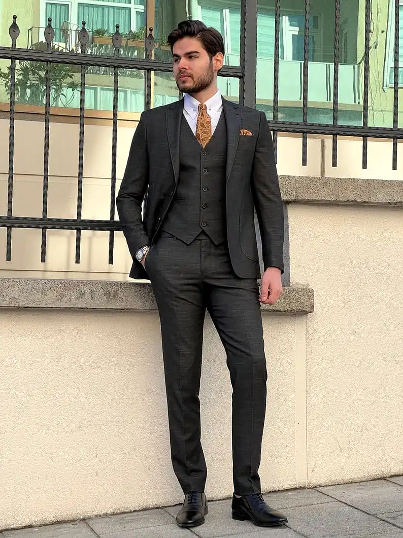 Slim Fit Self-Patterned Wool Black Tailored Suit