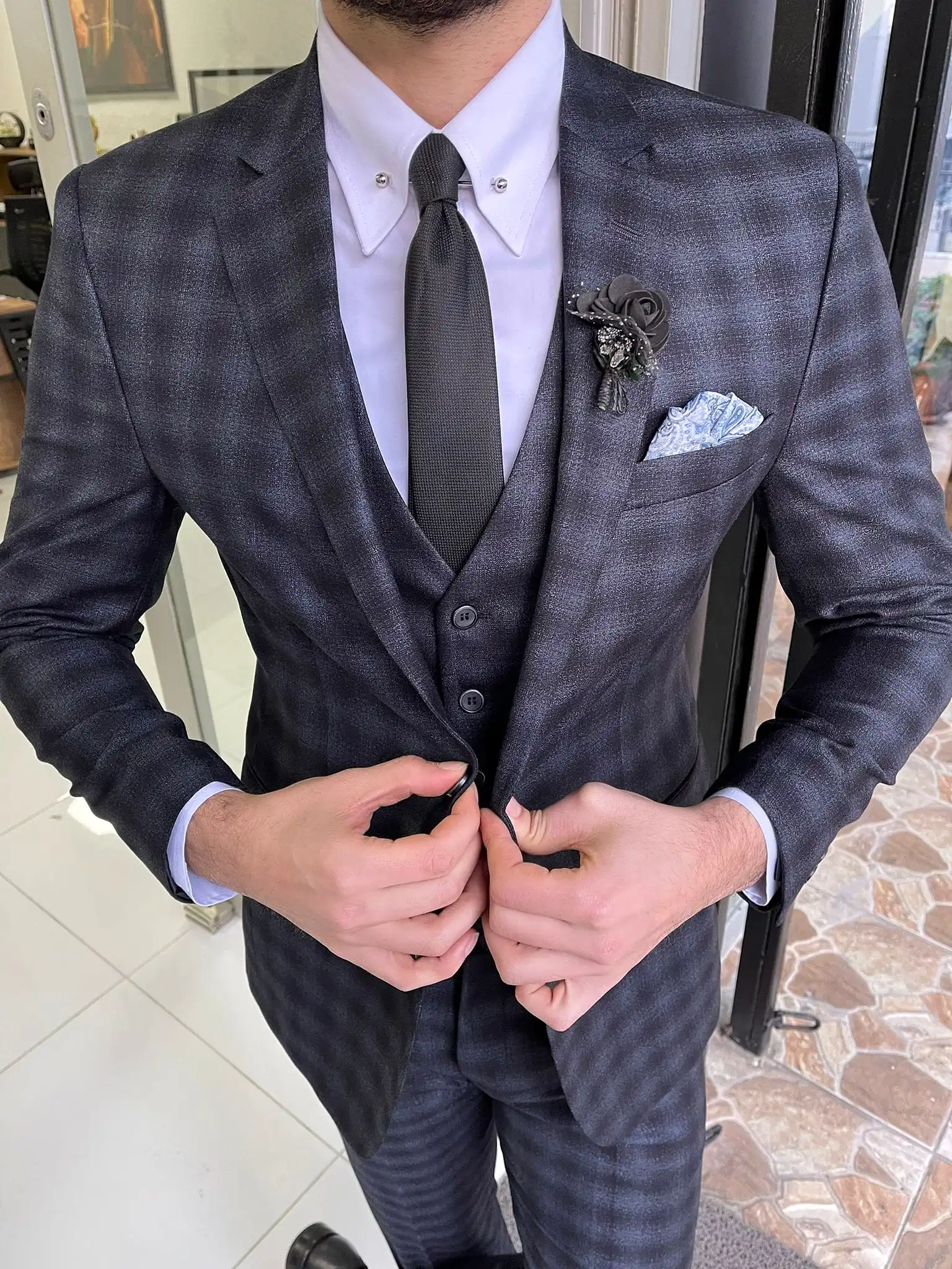 Slim Fit Wool Black Classic Suit