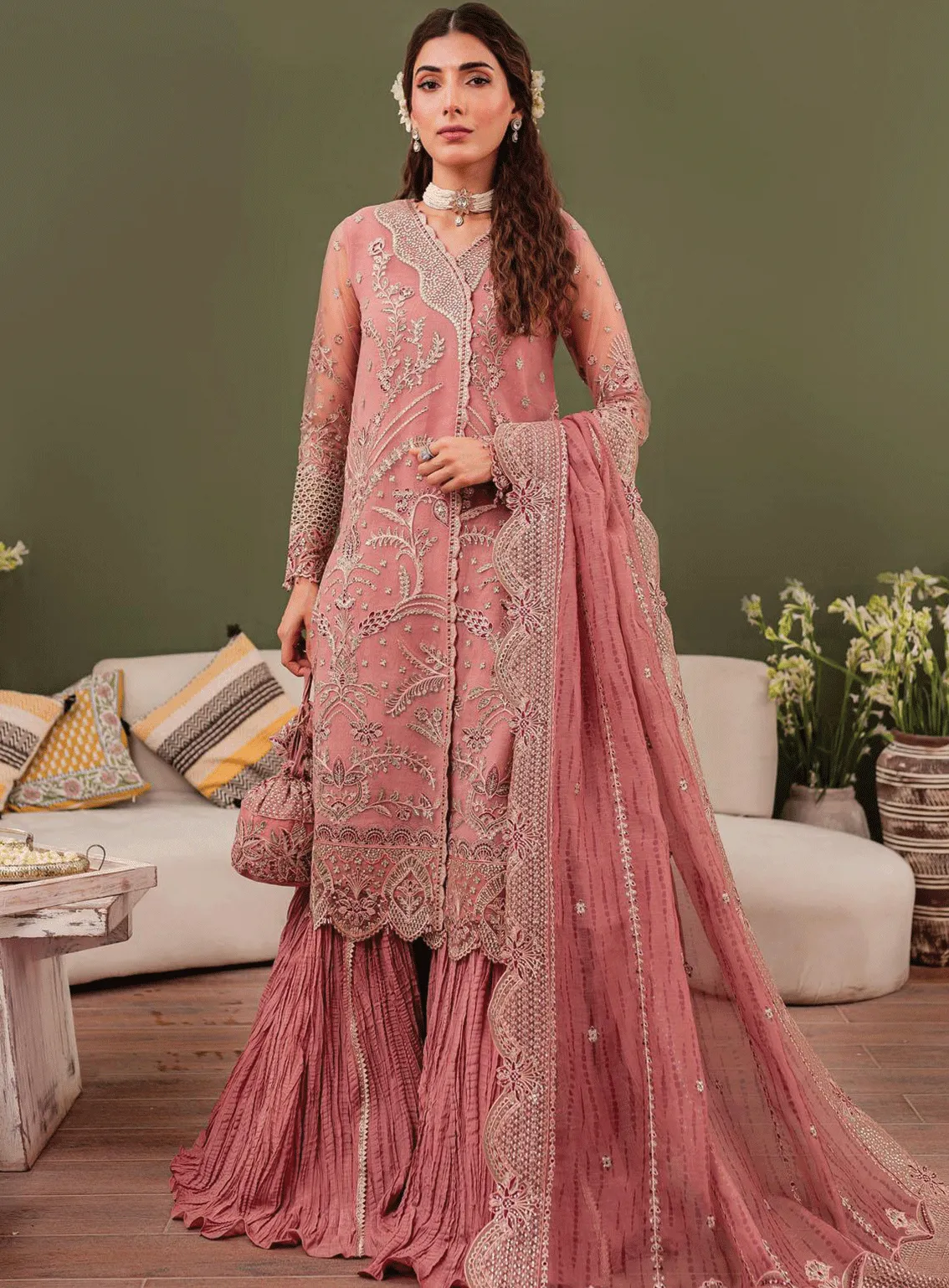 Tabeer By Farasha Embroidered Net Unstitched 3 Piece Suit - FRS23TW 07 ROSA