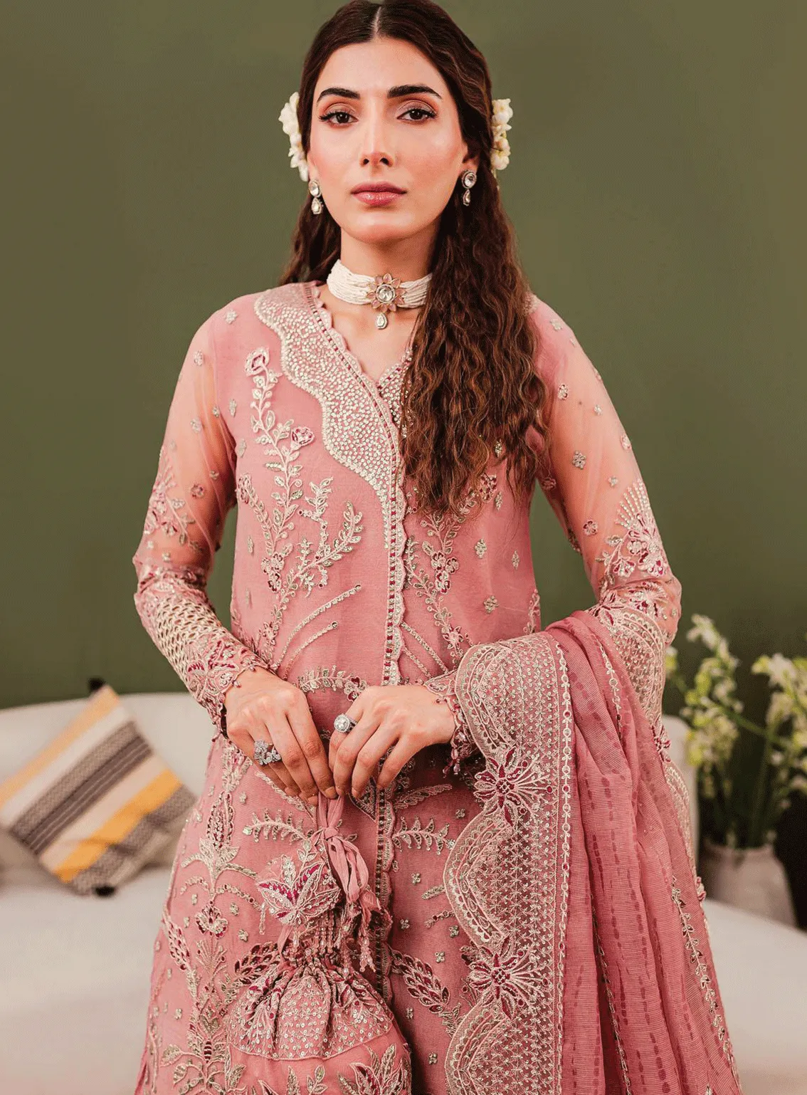 Tabeer By Farasha Embroidered Net Unstitched 3 Piece Suit - FRS23TW 07 ROSA