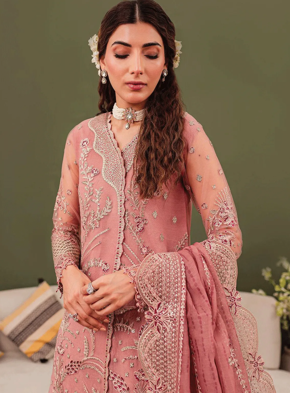 Tabeer By Farasha Embroidered Net Unstitched 3 Piece Suit - FRS23TW 07 ROSA