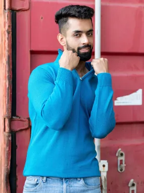 Teal Blue Color Classic Zipper Men's Sweater