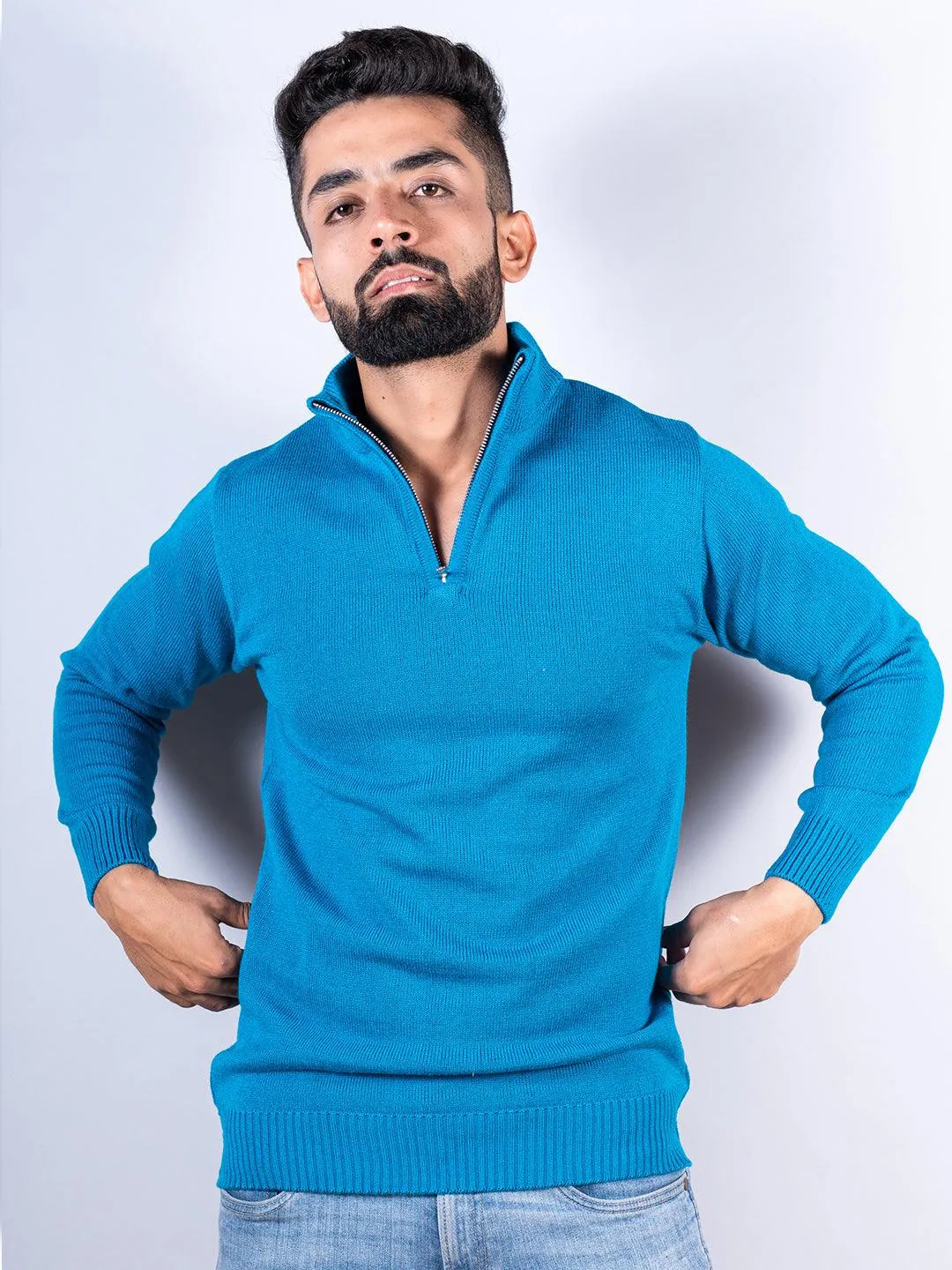 Teal Blue Color Classic Zipper Men's Sweater