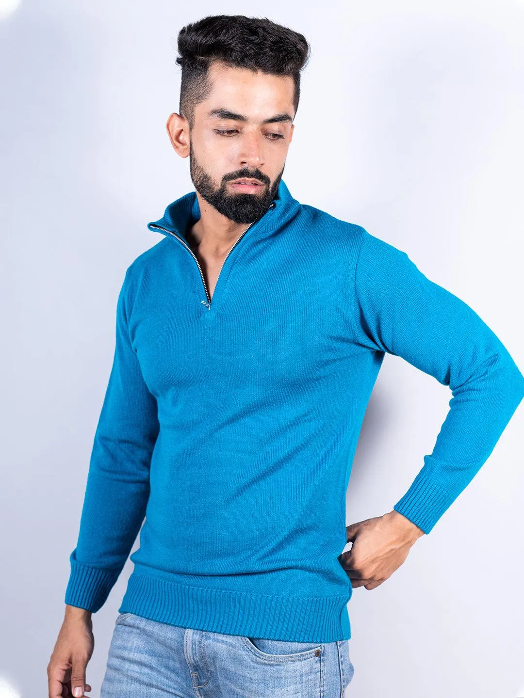 Teal Blue Color Classic Zipper Men's Sweater