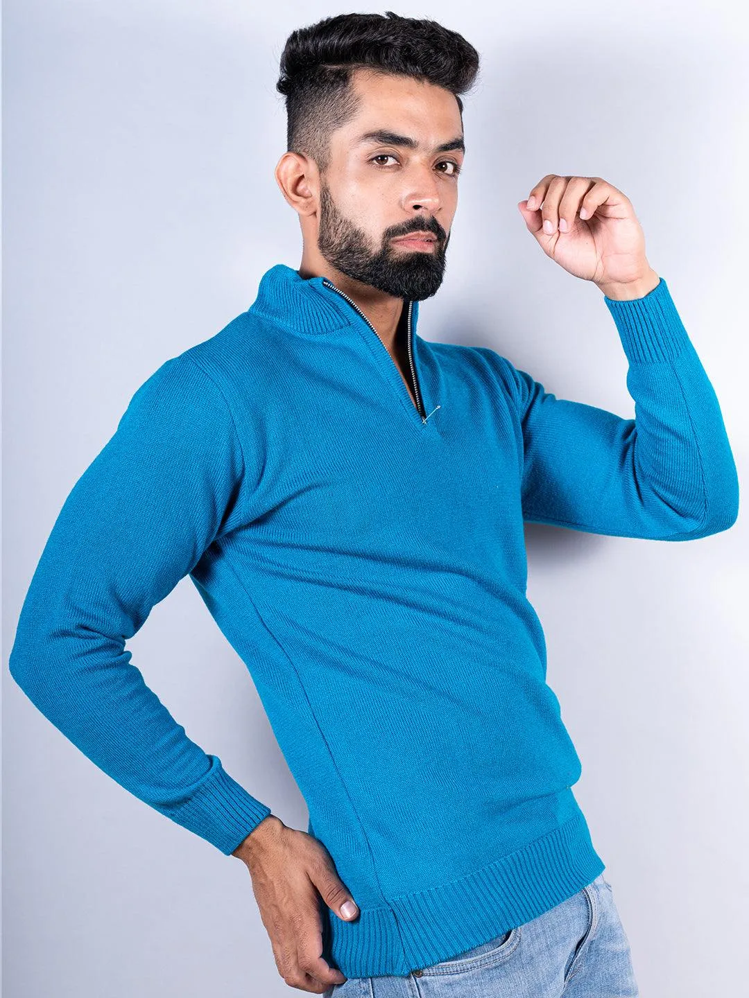 Teal Blue Color Classic Zipper Men's Sweater