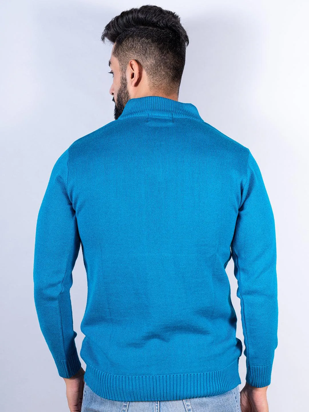 Teal Blue Color Classic Zipper Men's Sweater