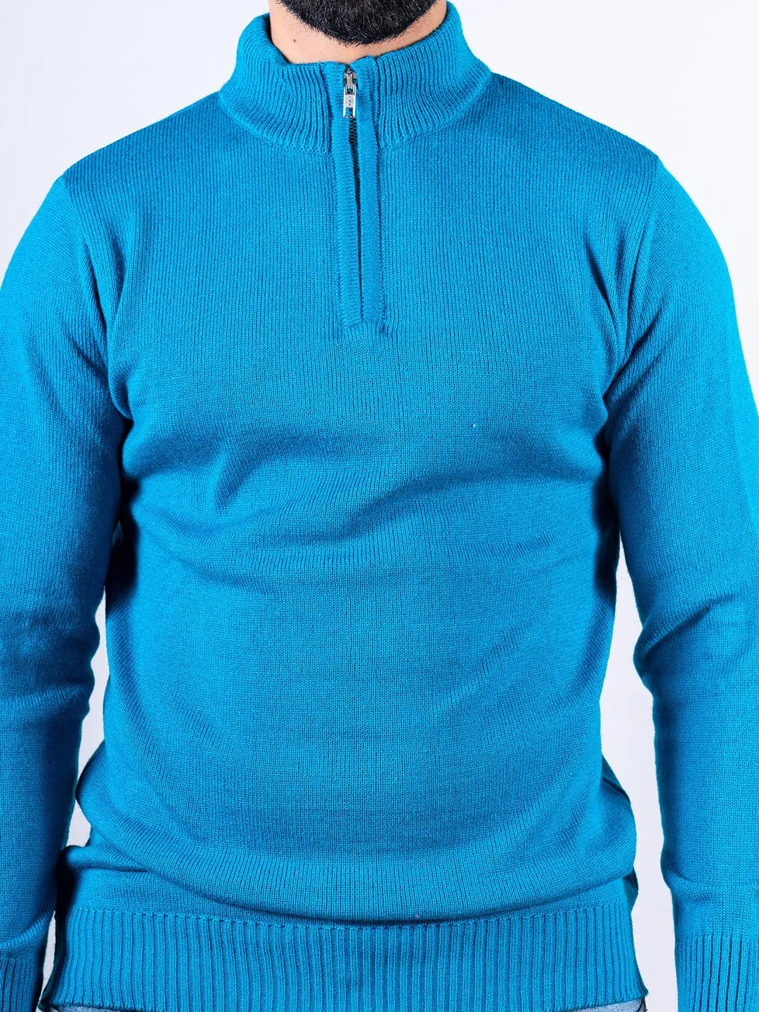 Teal Blue Color Classic Zipper Men's Sweater