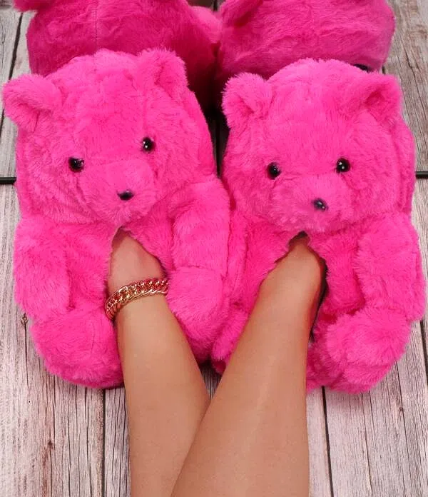 TEDDY BEAR SLIPPERS - PINK (HOT PINK)