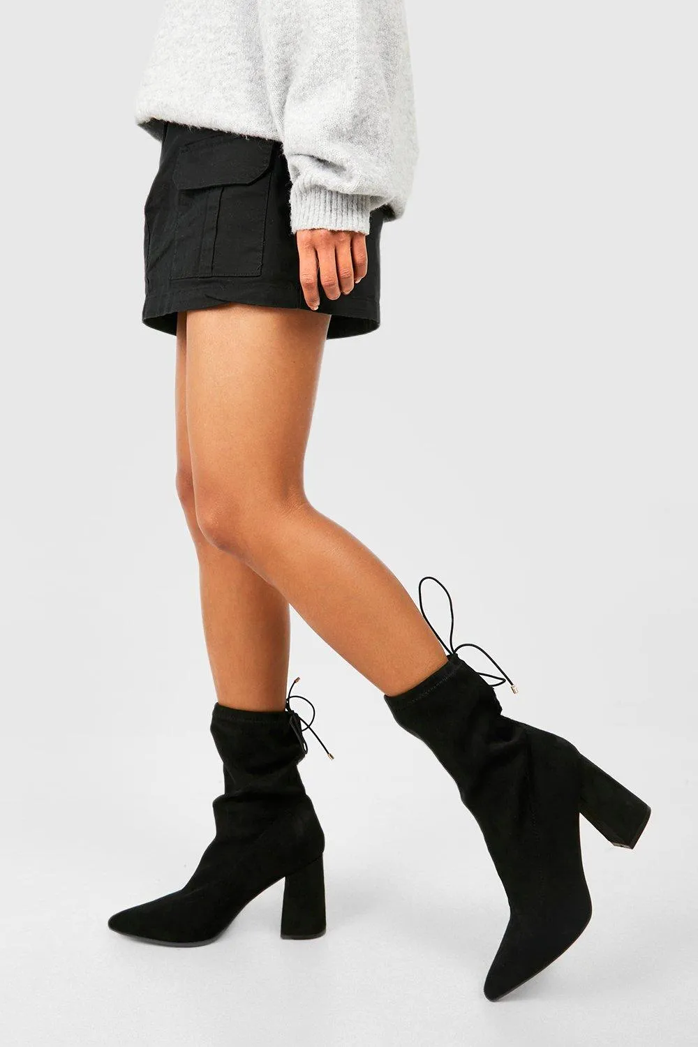 Tie Detail Block Heel Pointed Sock Boots