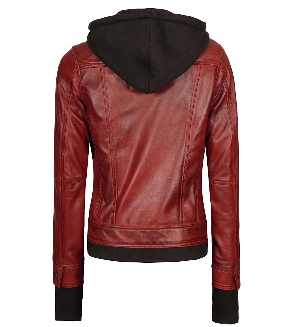 Tralee Women's Bomber Maroon Leather Jacket with Removable Hood