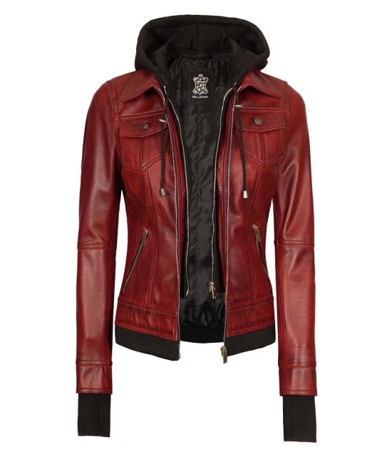 Tralee Women's Bomber Maroon Leather Jacket with Removable Hood