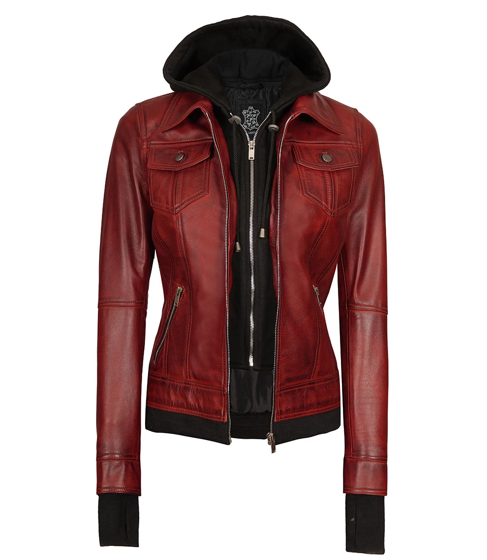 Tralee Women's Bomber Maroon Leather Jacket with Removable Hood