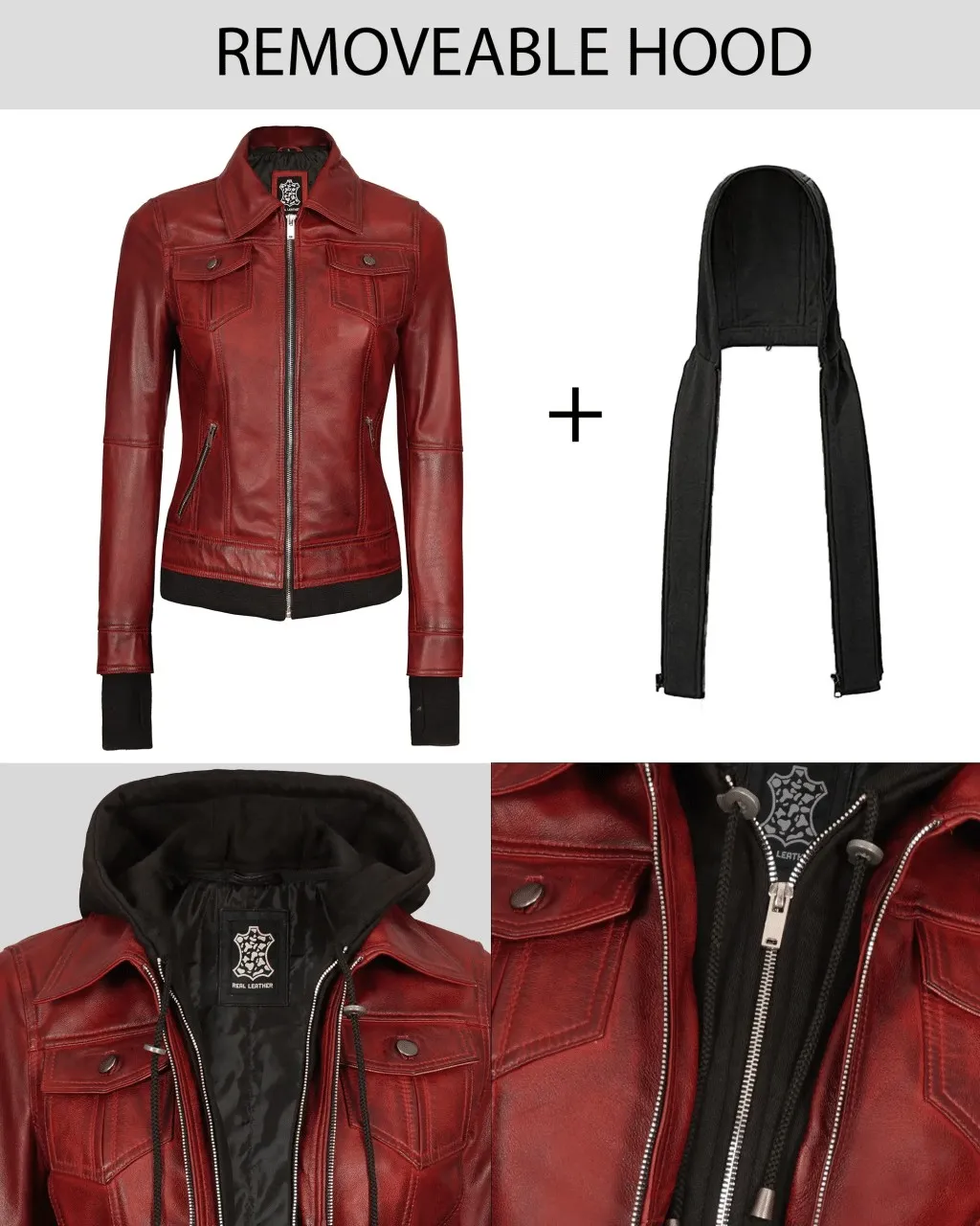 Tralee Women's Bomber Maroon Leather Jacket with Removable Hood