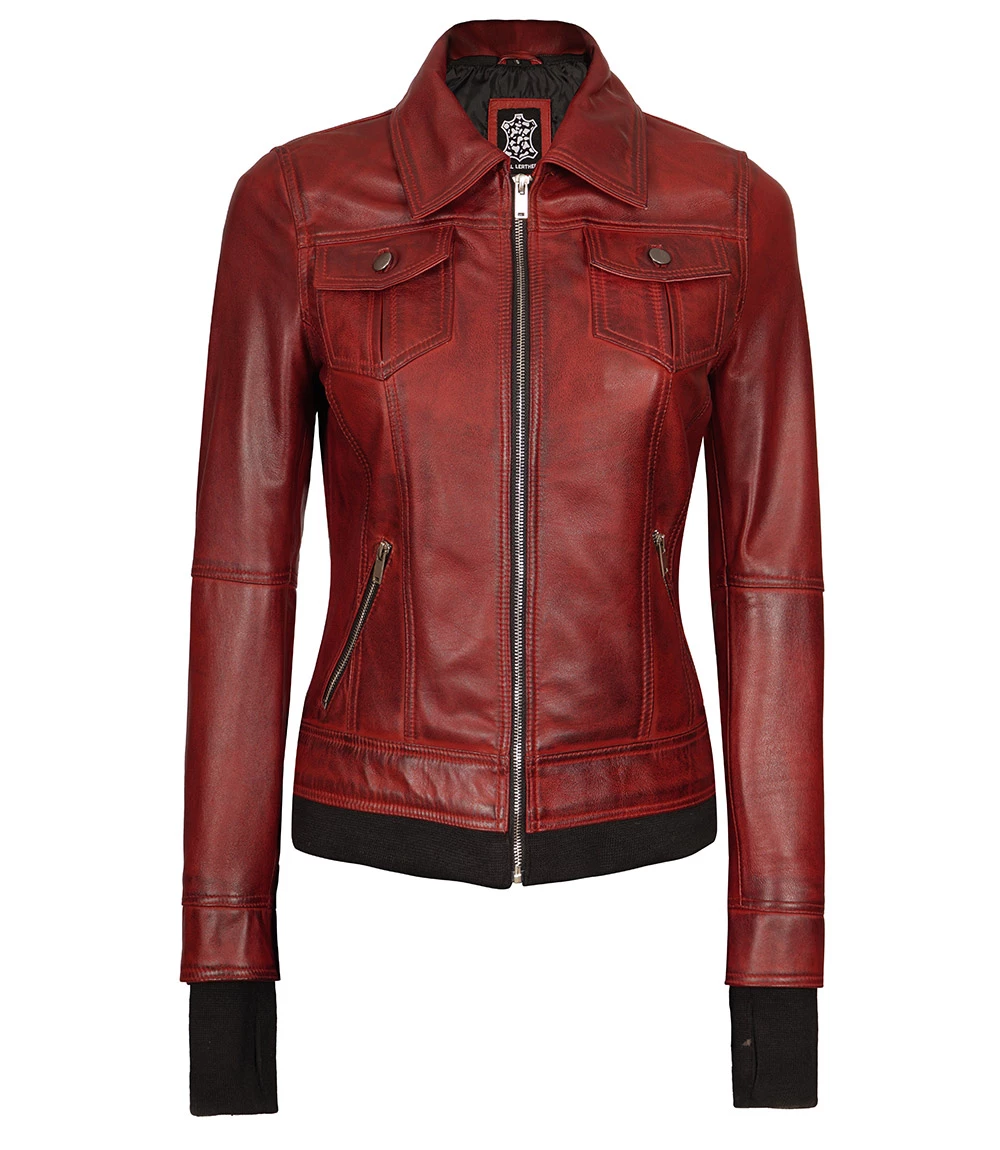 Tralee Women's Bomber Maroon Leather Jacket with Removable Hood