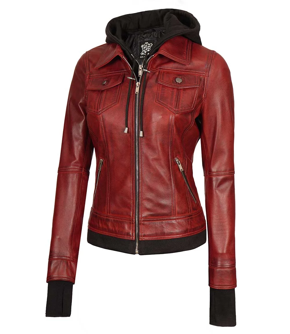 Tralee Women's Bomber Maroon Leather Jacket with Removable Hood