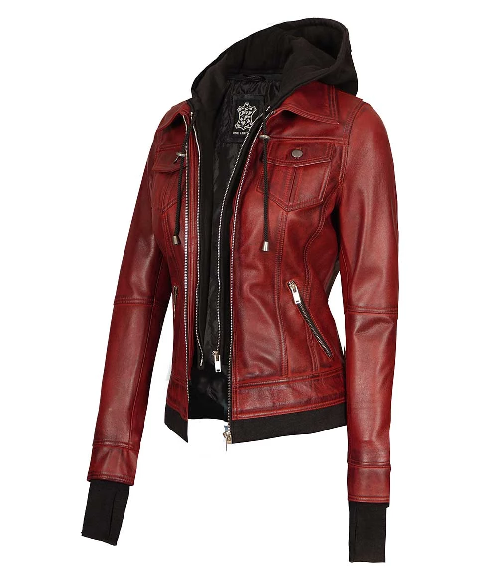 Tralee Women's Bomber Maroon Leather Jacket with Removable Hood