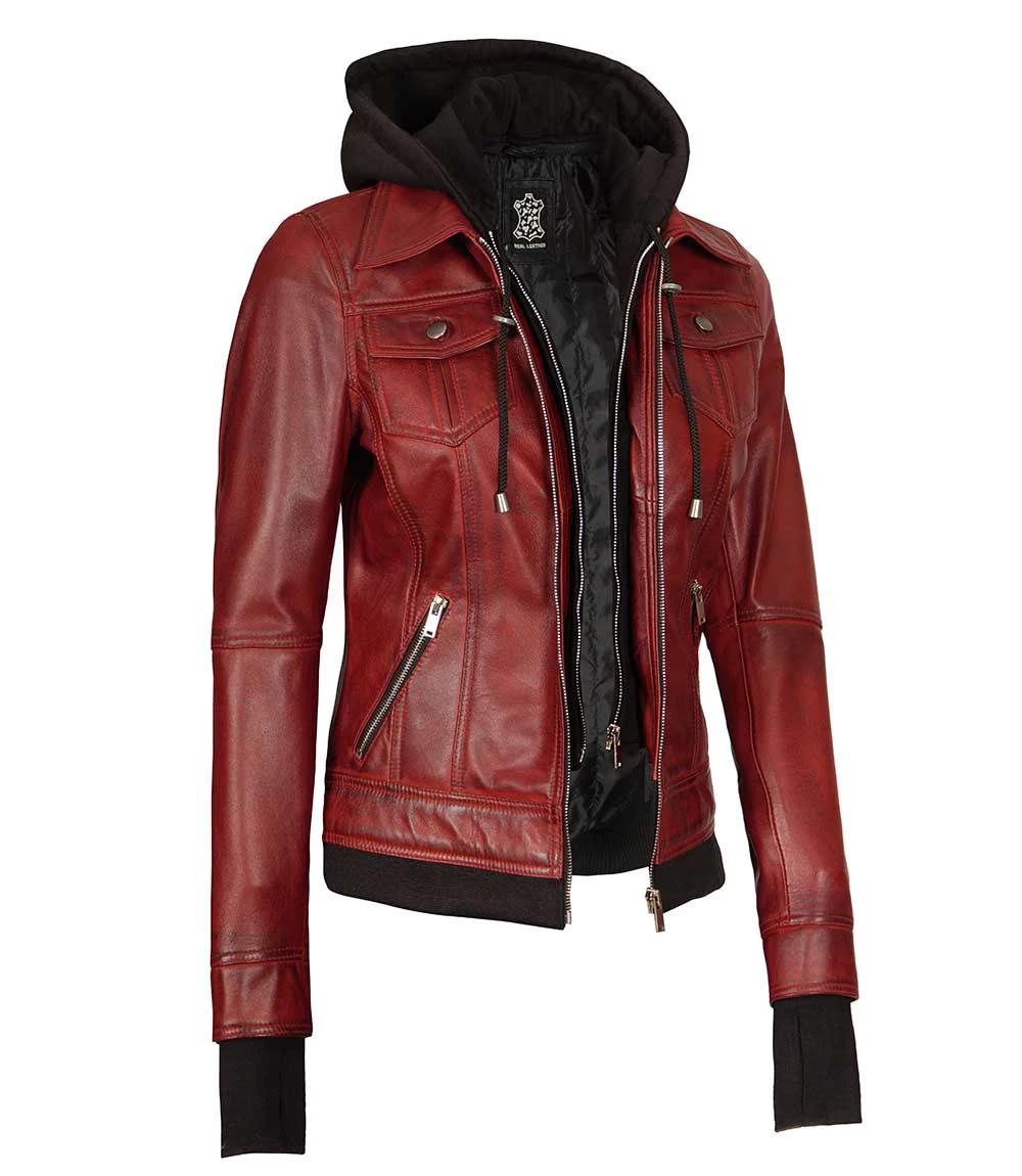 Tralee Women's Bomber Maroon Leather Jacket with Removable Hood