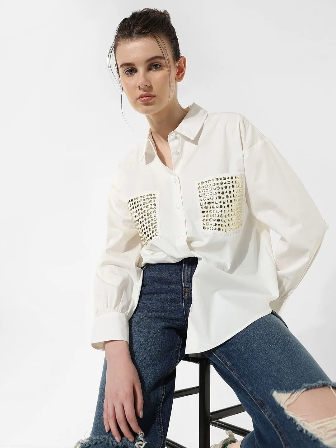 White Stud Detail Cotton Shirt