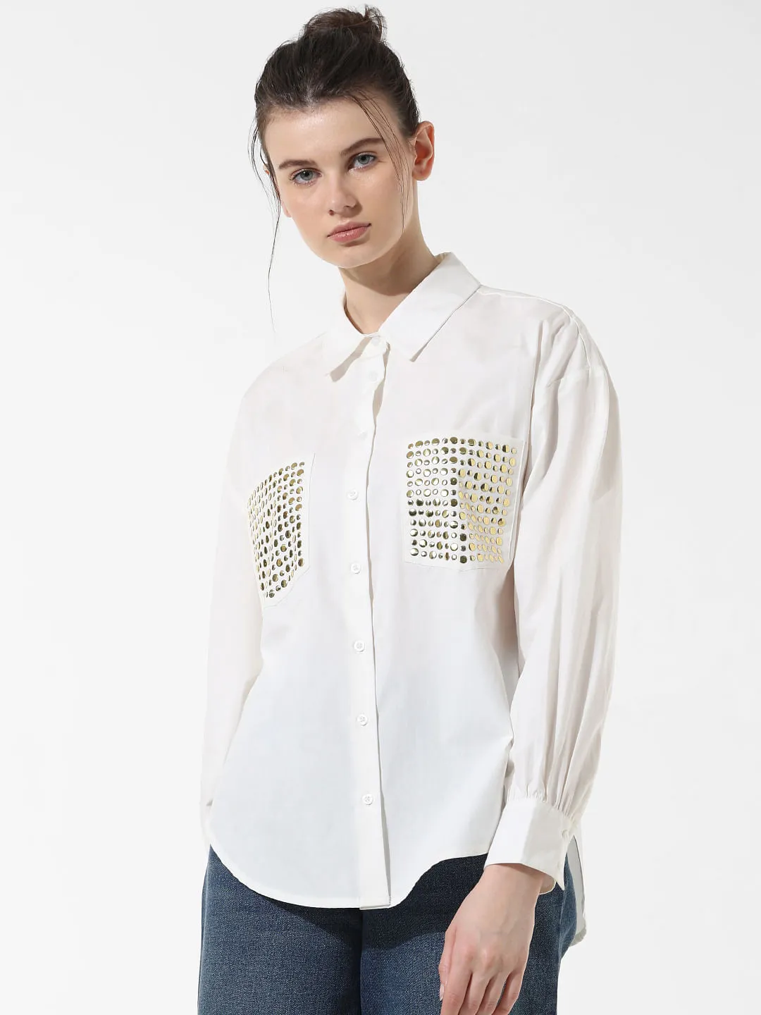 White Stud Detail Cotton Shirt