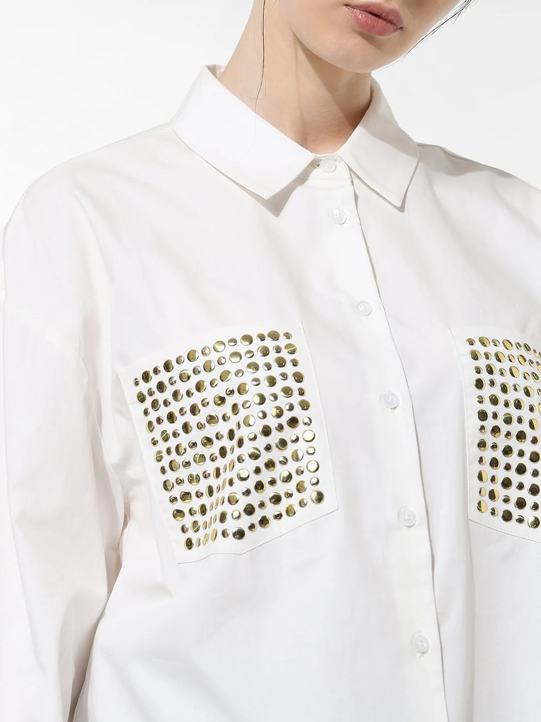 White Stud Detail Cotton Shirt