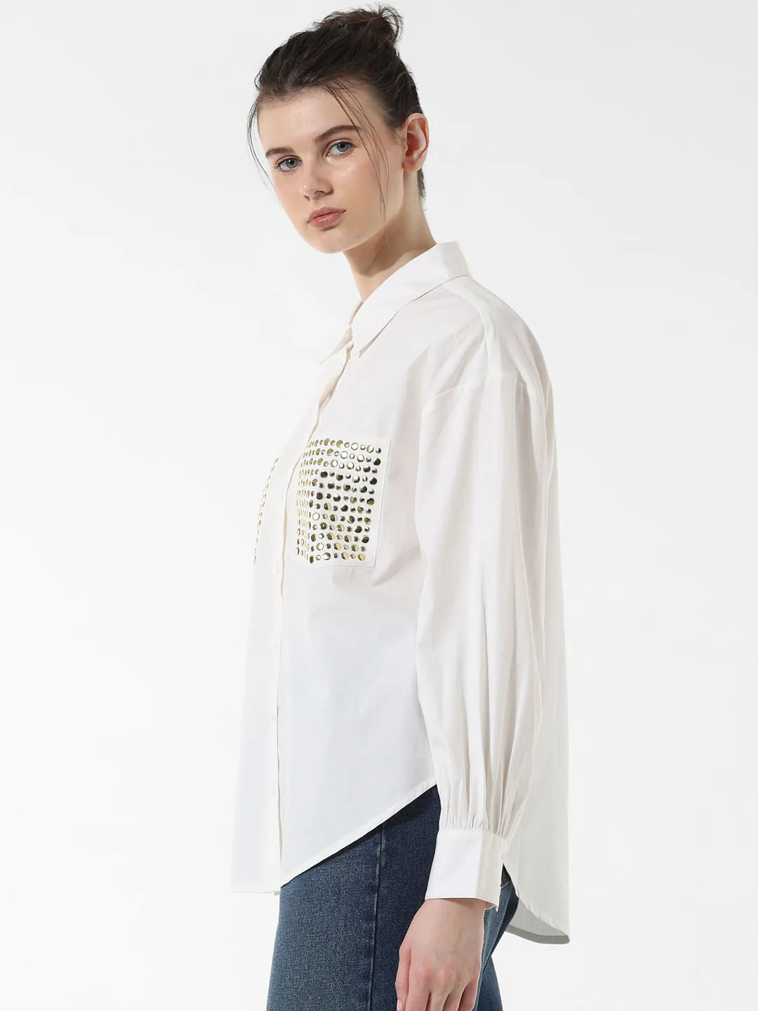 White Stud Detail Cotton Shirt