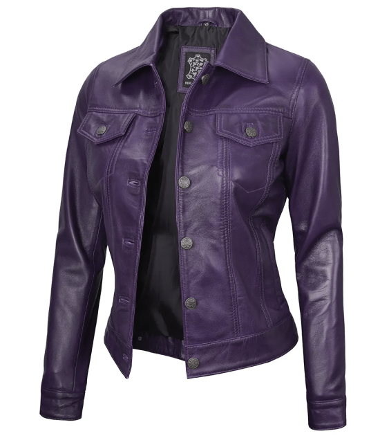 Women Purple Trucker Leather Jacket