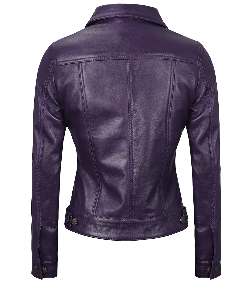 Women Purple Trucker Leather Jacket