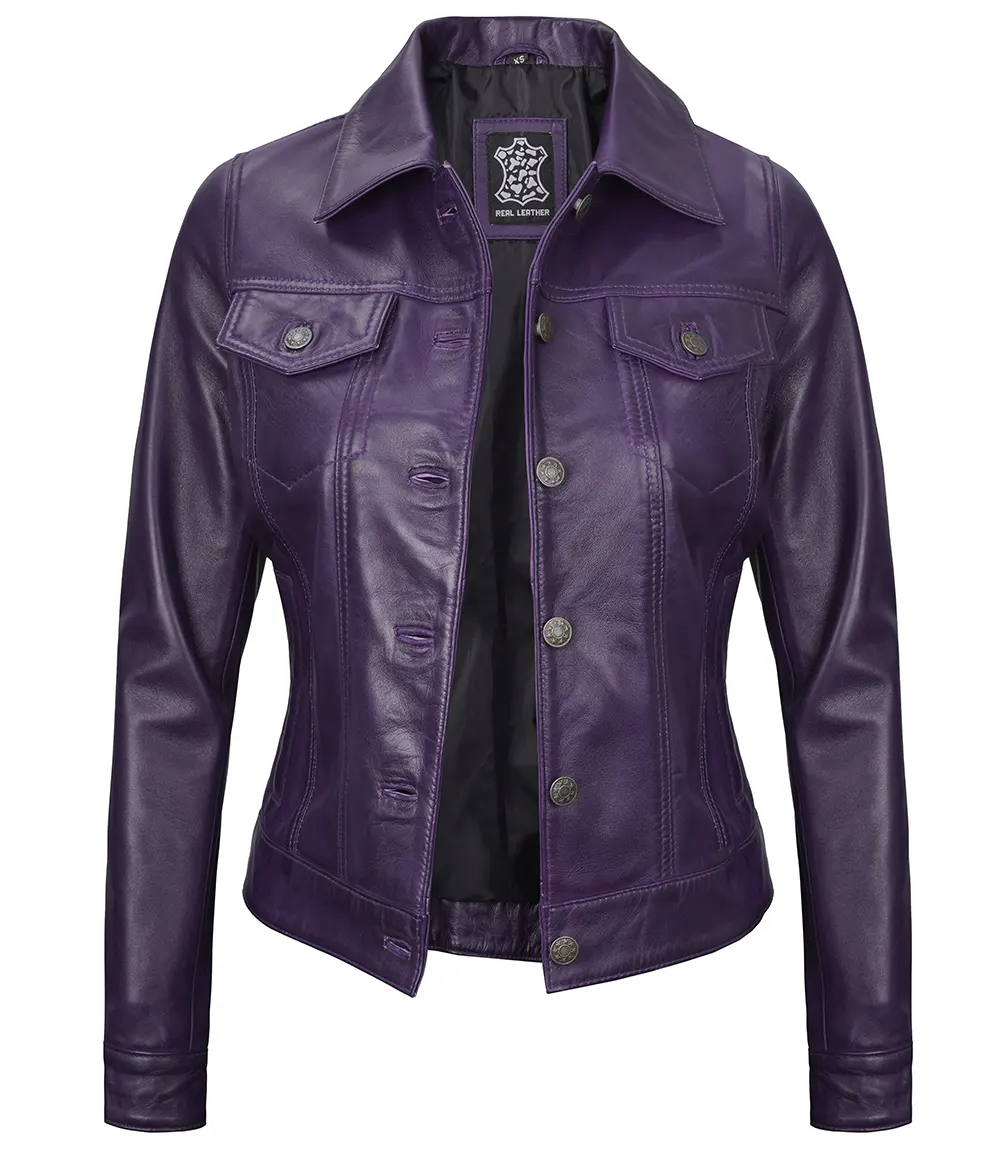 Women Purple Trucker Leather Jacket