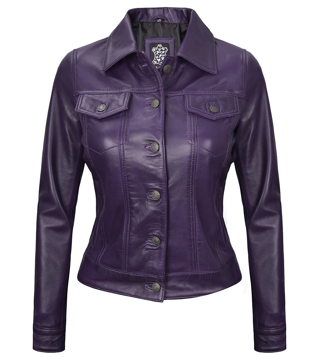 Women Purple Trucker Leather Jacket