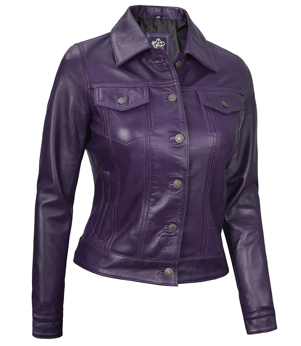 Women Purple Trucker Leather Jacket