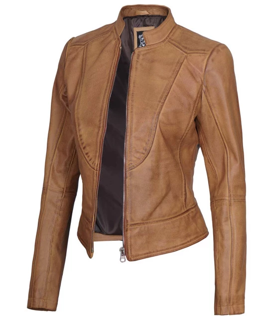 Women's Camel Brown Cafe Racer Slim Fit Leather Jacket