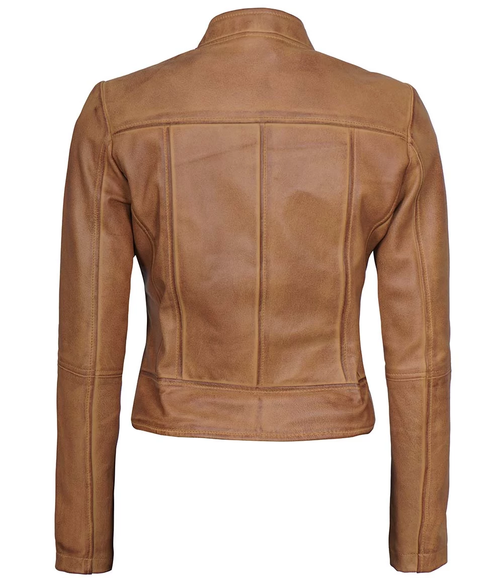 Women's Camel Brown Cafe Racer Slim Fit Leather Jacket