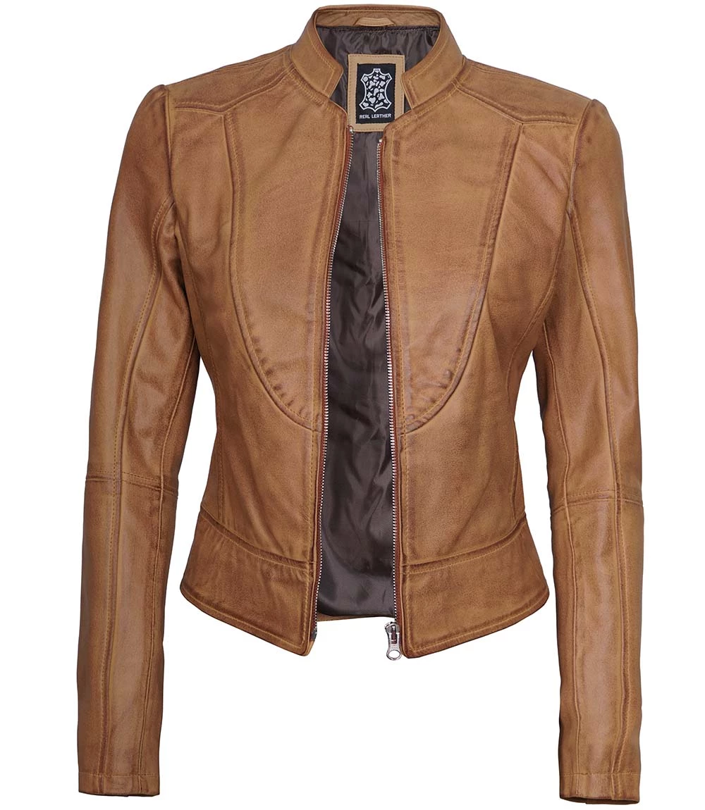 Women's Camel Brown Cafe Racer Slim Fit Leather Jacket