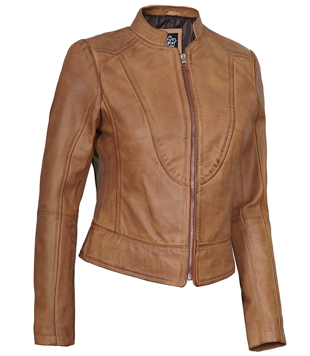 Women's Camel Brown Cafe Racer Slim Fit Leather Jacket