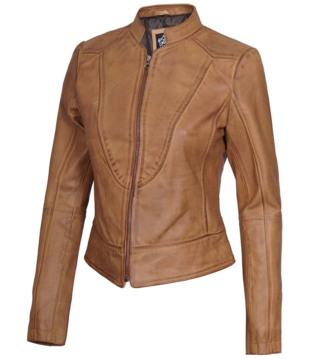 Women's Camel Brown Cafe Racer Slim Fit Leather Jacket