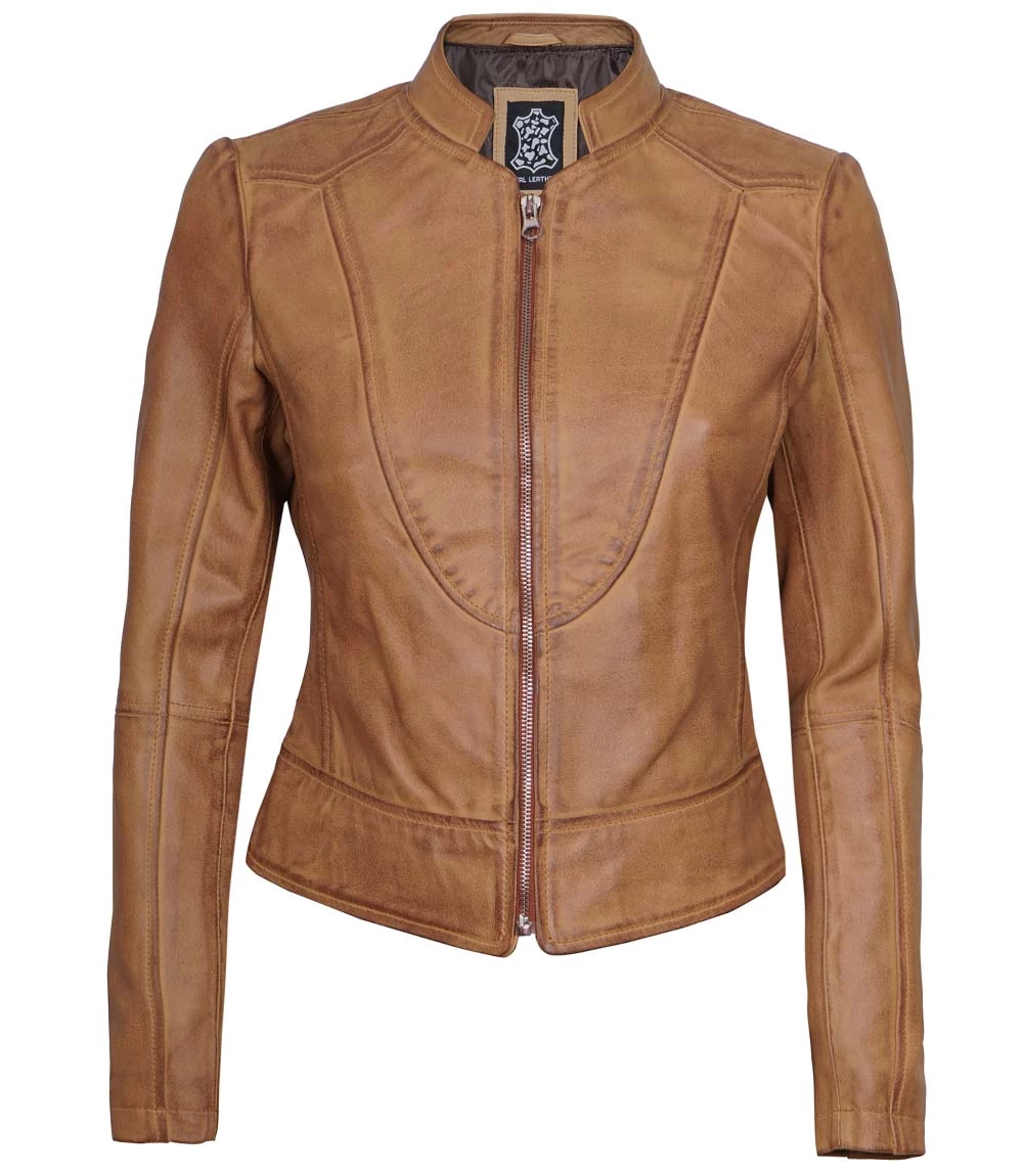 Women's Camel Brown Cafe Racer Slim Fit Leather Jacket