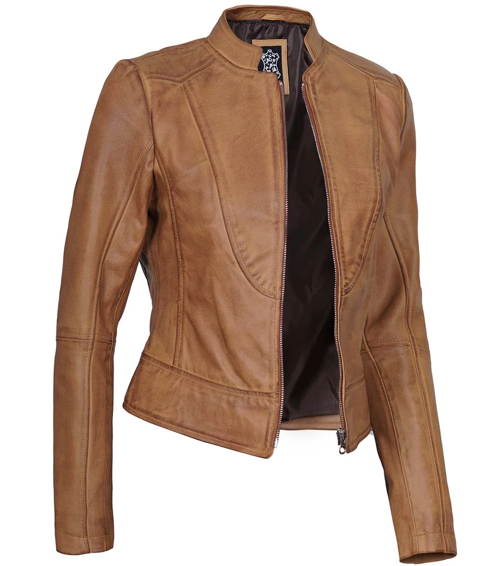 Women's Camel Brown Cafe Racer Slim Fit Leather Jacket