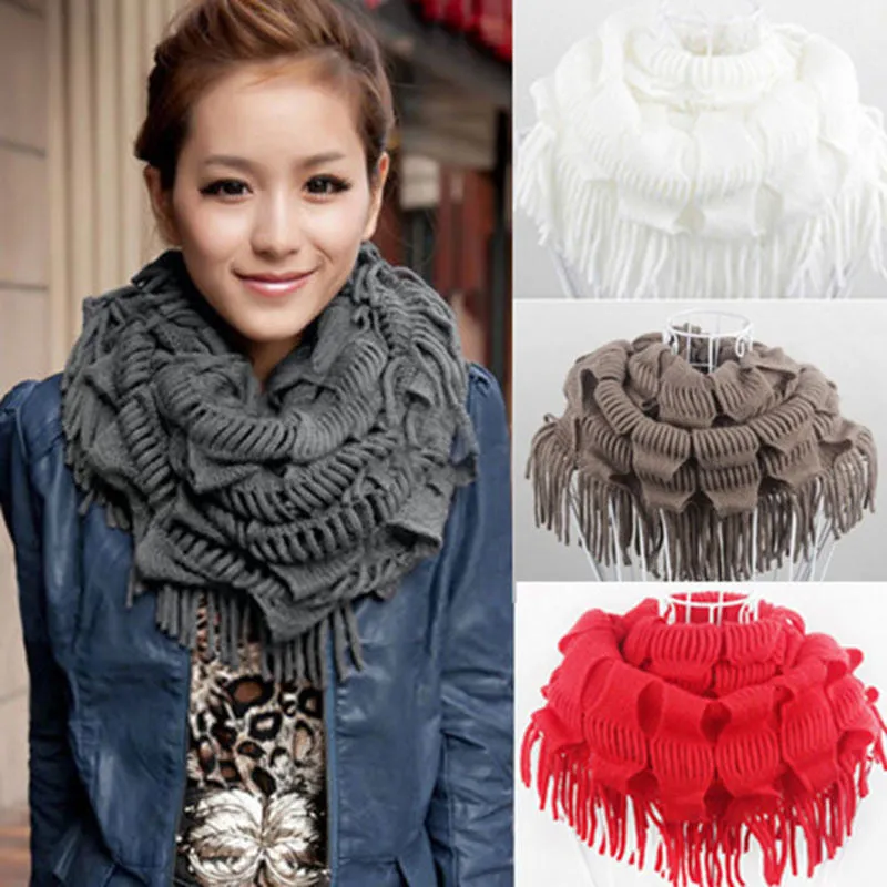 Womens Warm Knitted Layered Fringe Tassel Neck Circle Shawl Snood Scarf Cowl  SM6